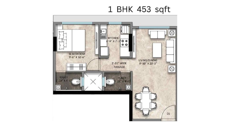 Sanghvi-Aria-Floor-Plan-1 BHK-453 Sqft